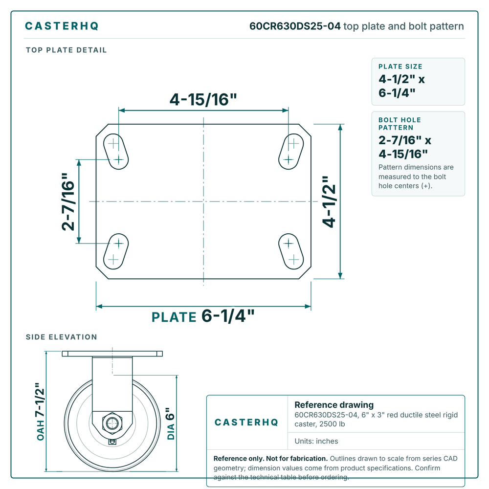 60CR630DS25-04 top plate bolt pattern drawing, 4-1/2 x 6-1/4 in plate, round bolt holes