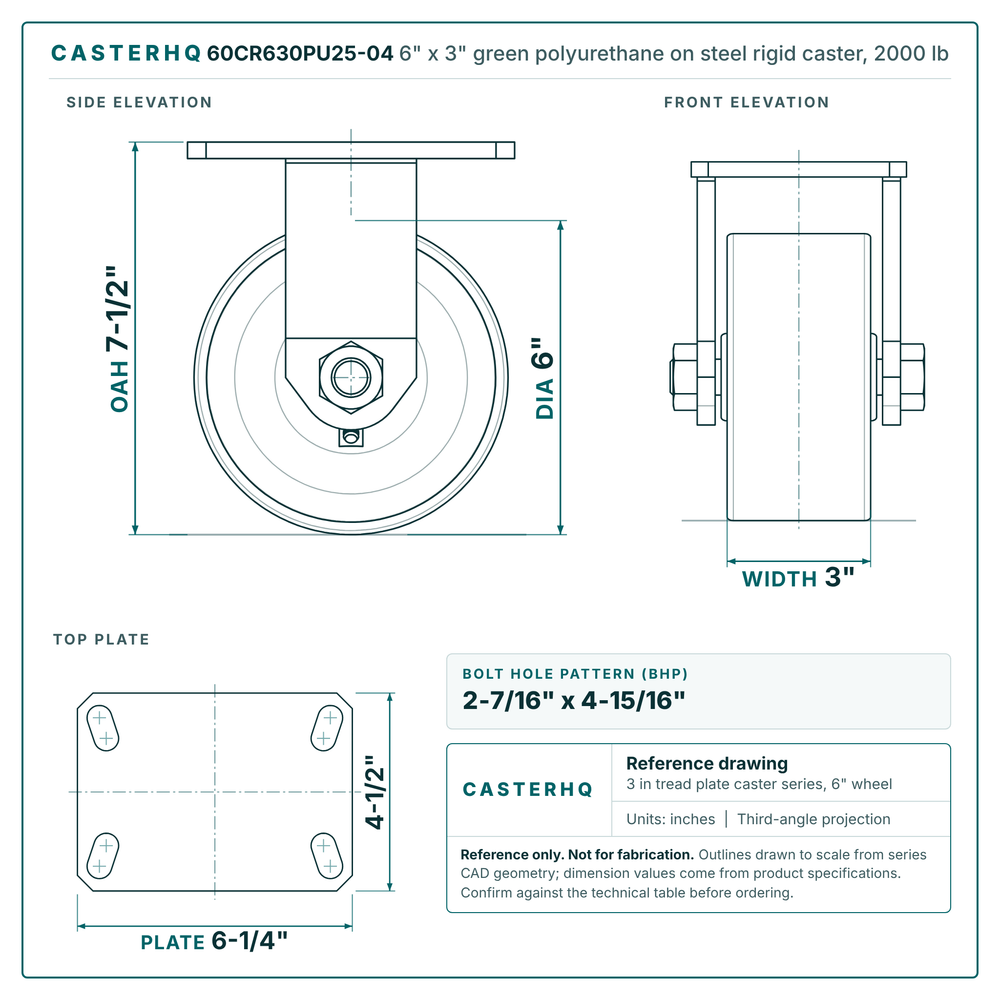 60CR630PU25-04 6 x 3 in green polyurethane on steel rigid caster reference drawing, side, front and top plate views with dimensions