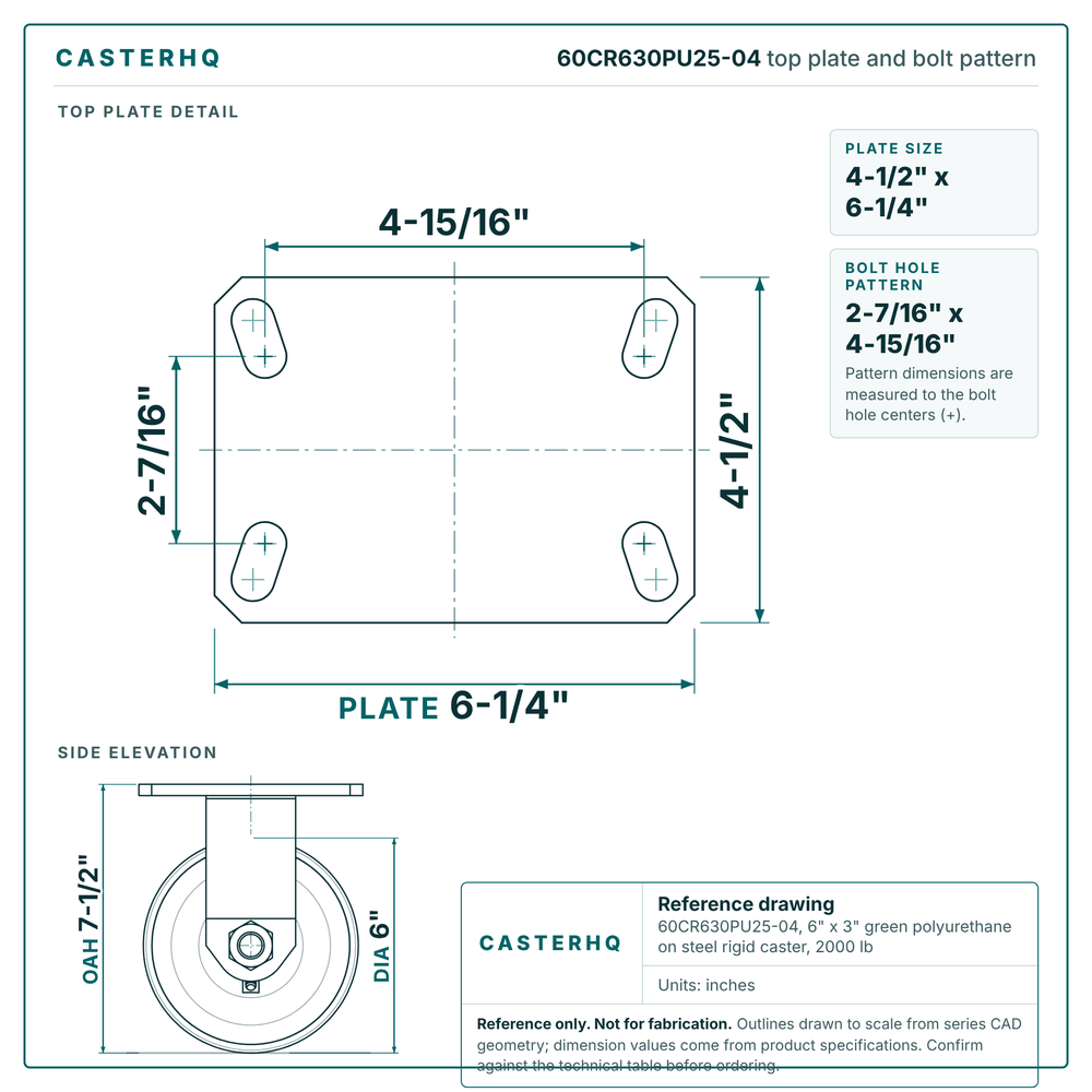 60CR630PU25-04 top plate bolt pattern drawing, 4-1/2 x 6-1/4 in plate, round bolt holes