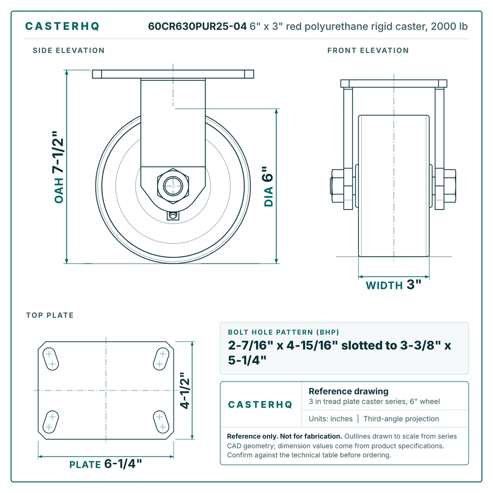 60CR630PUR25-04 6 x 3 in red polyurethane rigid caster reference drawing, side, front and top plate views with dimensions