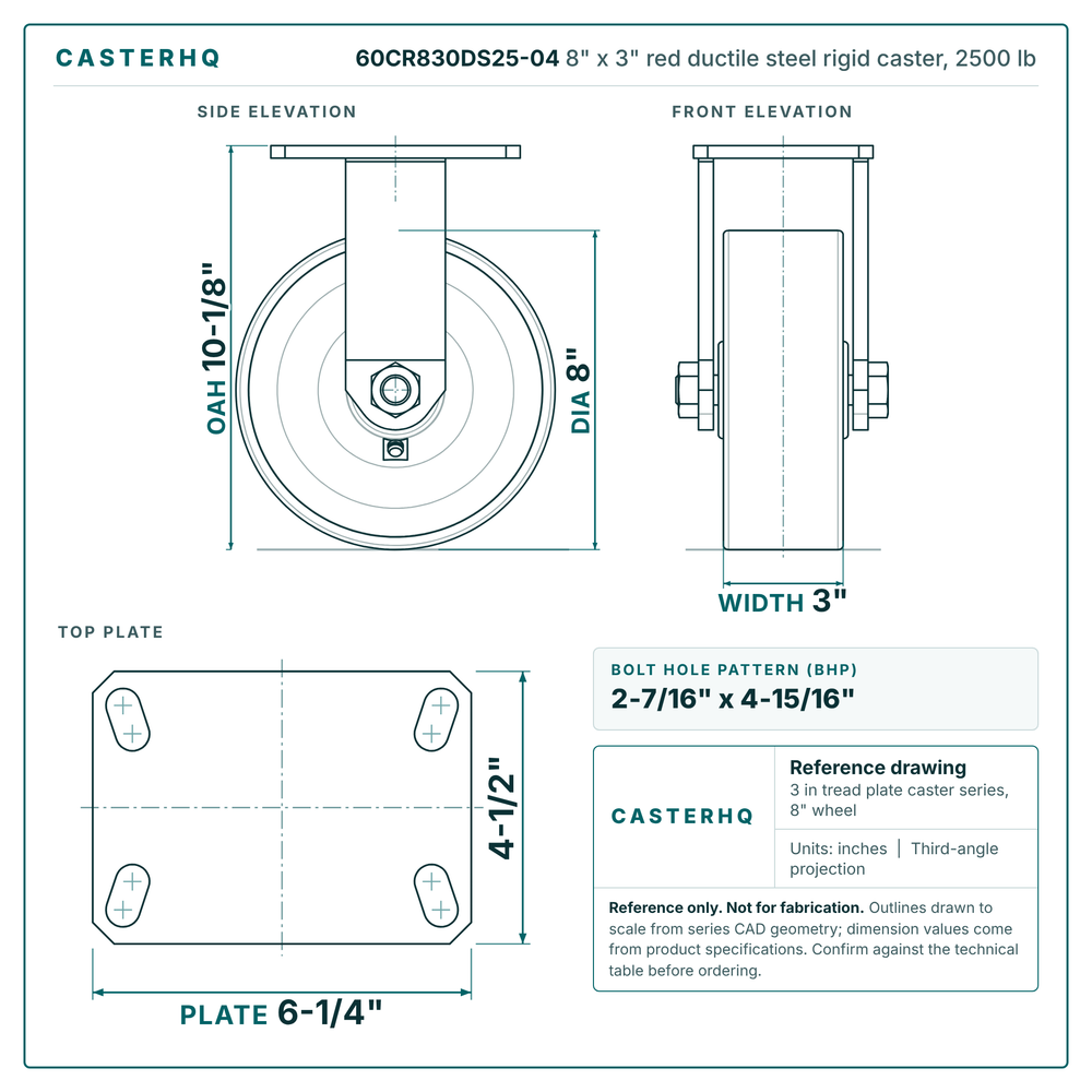 60CR830DS25-04 8 x 3 in red ductile steel rigid caster reference drawing, side, front and top plate views with dimensions