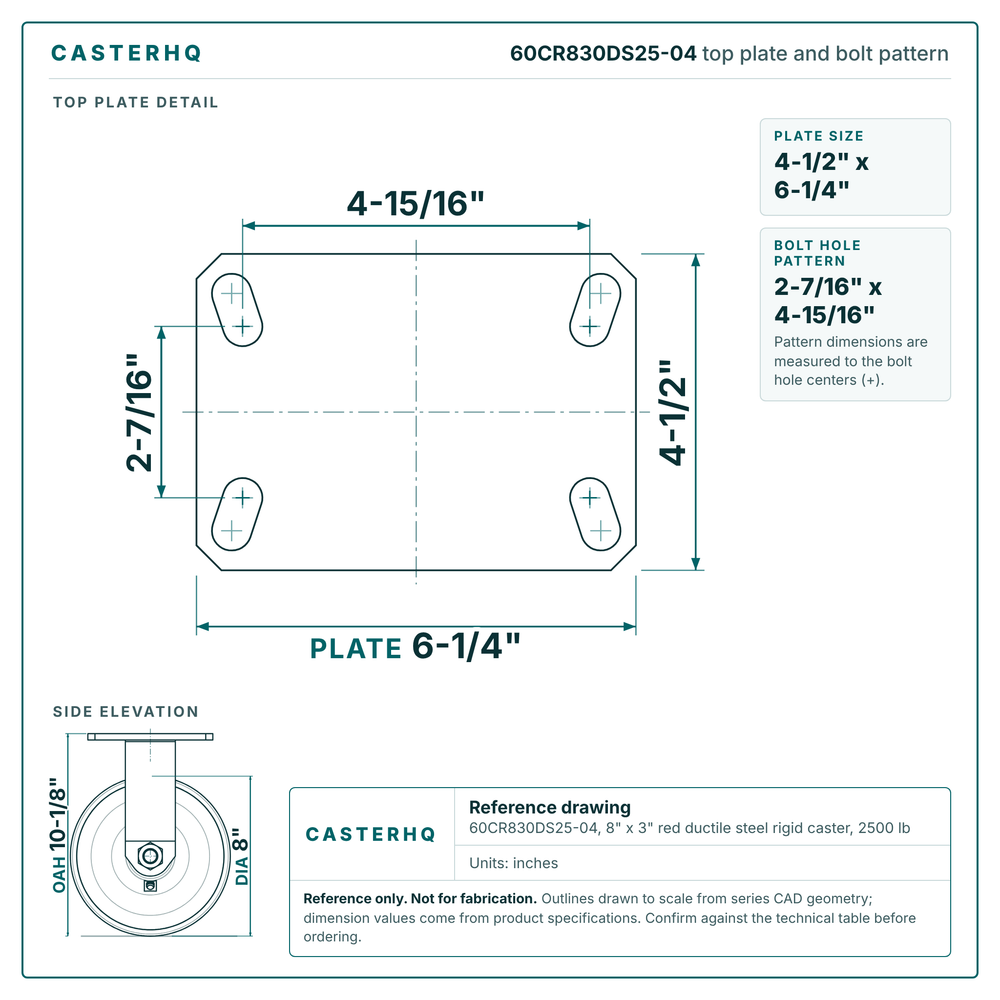60CR830DS25-04 top plate bolt pattern drawing, 4-1/2 x 6-1/4 in plate, round bolt holes