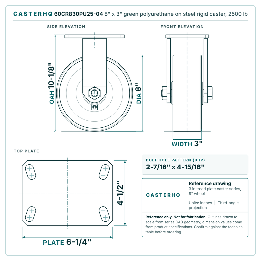 60CR830PU25-04 8 x 3 in green polyurethane on steel rigid caster reference drawing, side, front and top plate views with dimensions