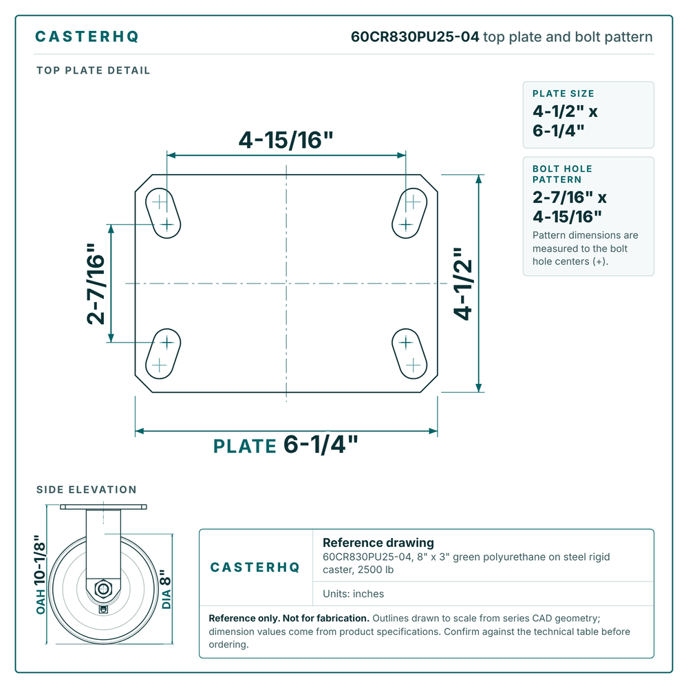 60CR830PU25-04 top plate bolt pattern drawing, 4-1/2 x 6-1/4 in plate, round bolt holes