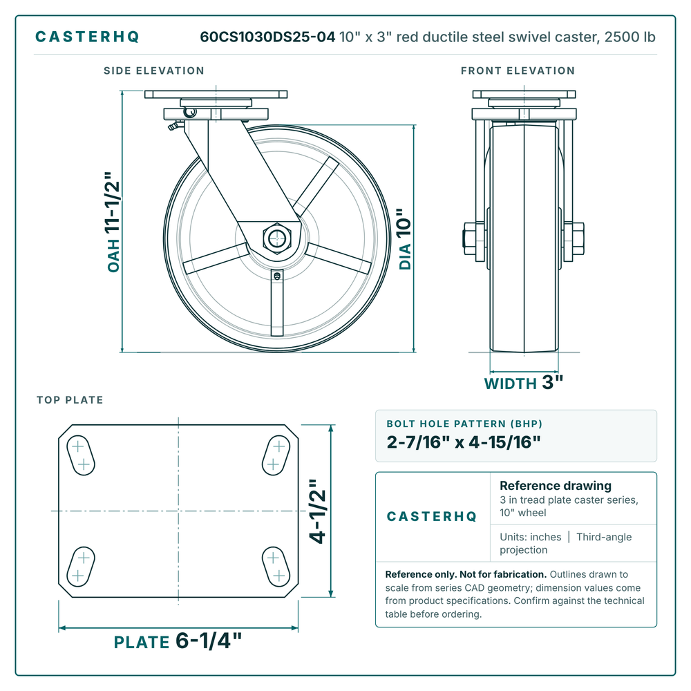 60CS1030DS25-04 10 x 3 in red ductile steel swivel caster reference drawing, side, front and top plate views with dimensions