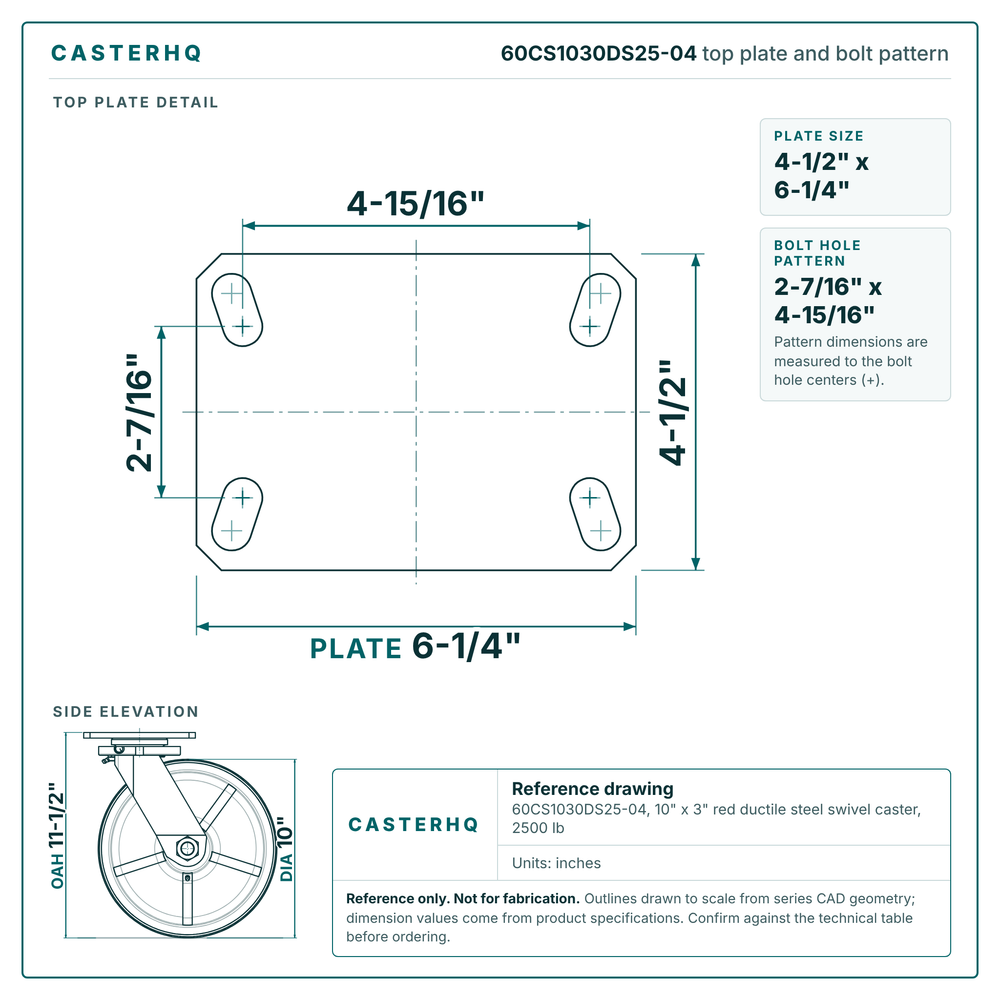 60CS1030DS25-04 top plate bolt pattern drawing, 4-1/2 x 6-1/4 in plate, round bolt holes