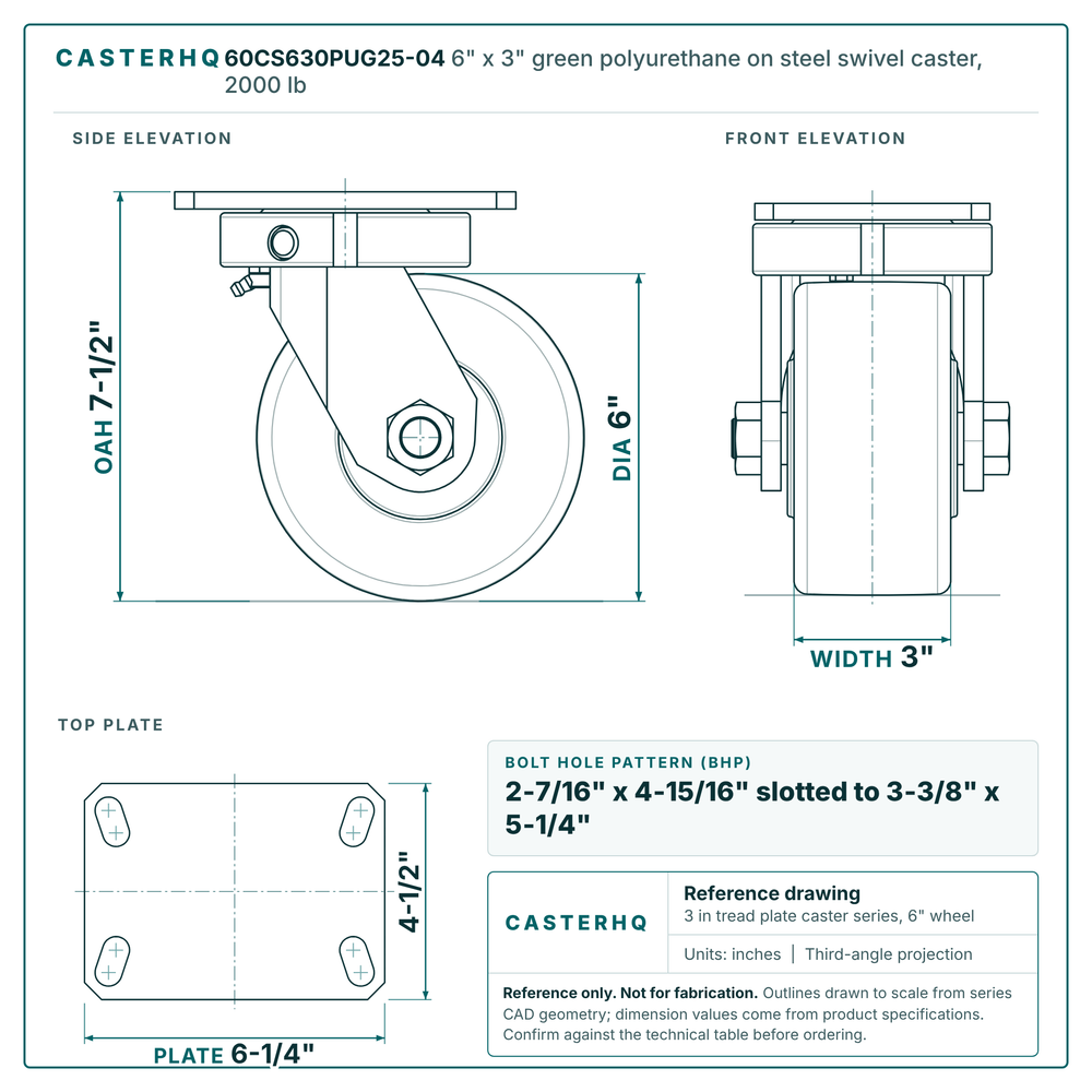 60CS630PUG25-04 6 x 3 in green polyurethane on steel swivel caster reference drawing, side, front and top plate views with dimensions
