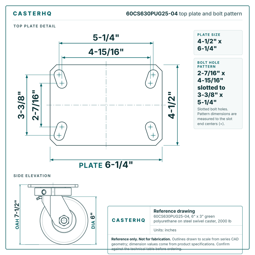 60CS630PUG25-04 top plate bolt pattern drawing, 4-1/2 x 6-1/4 in plate, slotted bolt holes
