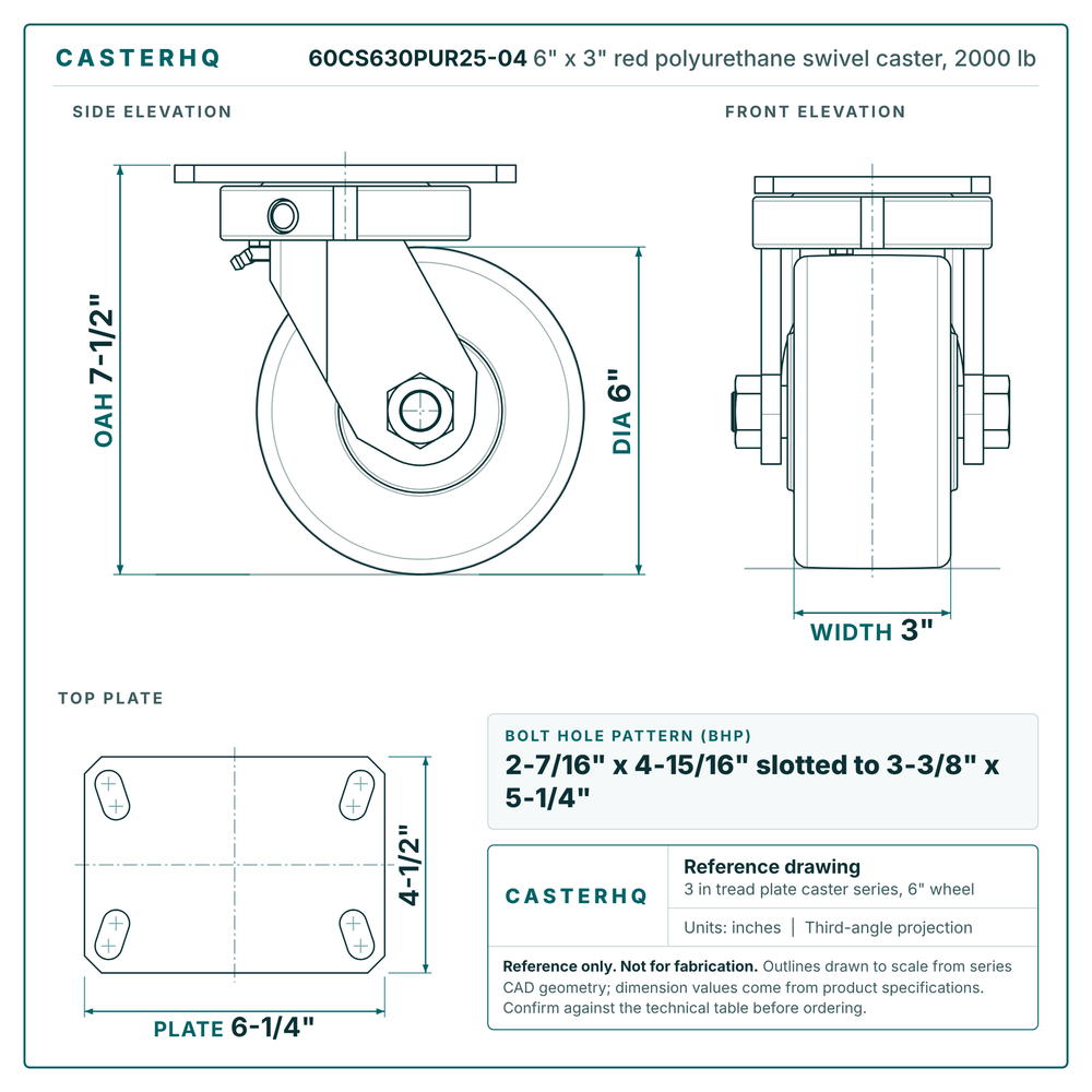 60CS630PUR25-04 6 x 3 in red polyurethane swivel caster reference drawing, side, front and top plate views with dimensions