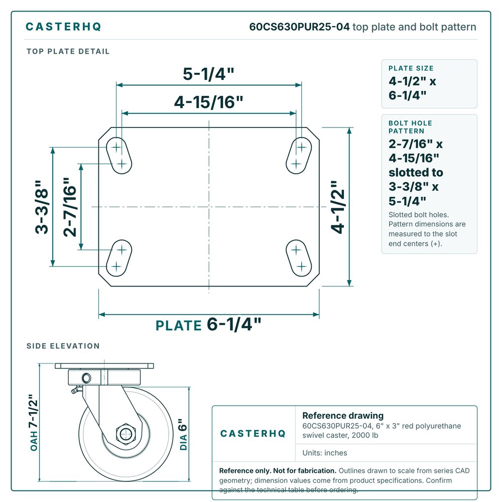 60CS630PUR25-04 top plate bolt pattern drawing, 4-1/2 x 6-1/4 in plate, slotted bolt holes