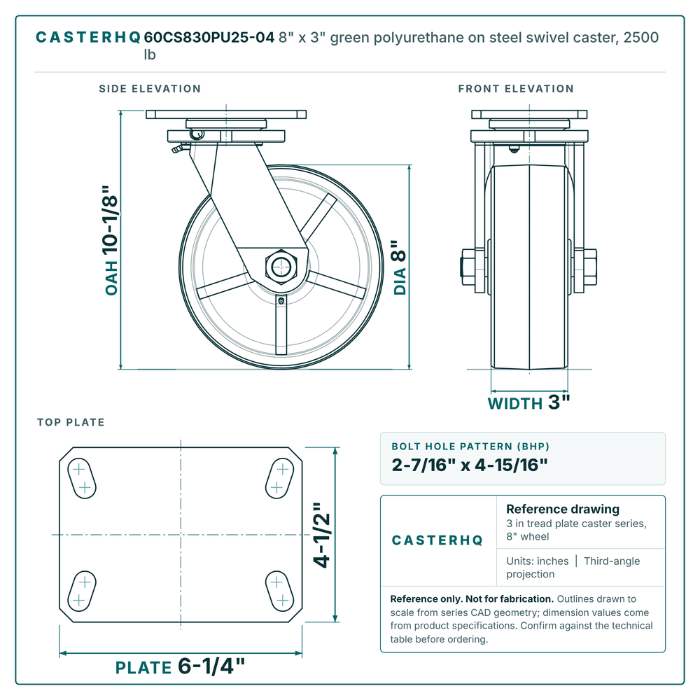 60CS830PU25-04 8 x 3 in green polyurethane on steel swivel caster reference drawing, side, front and top plate views with dimensions