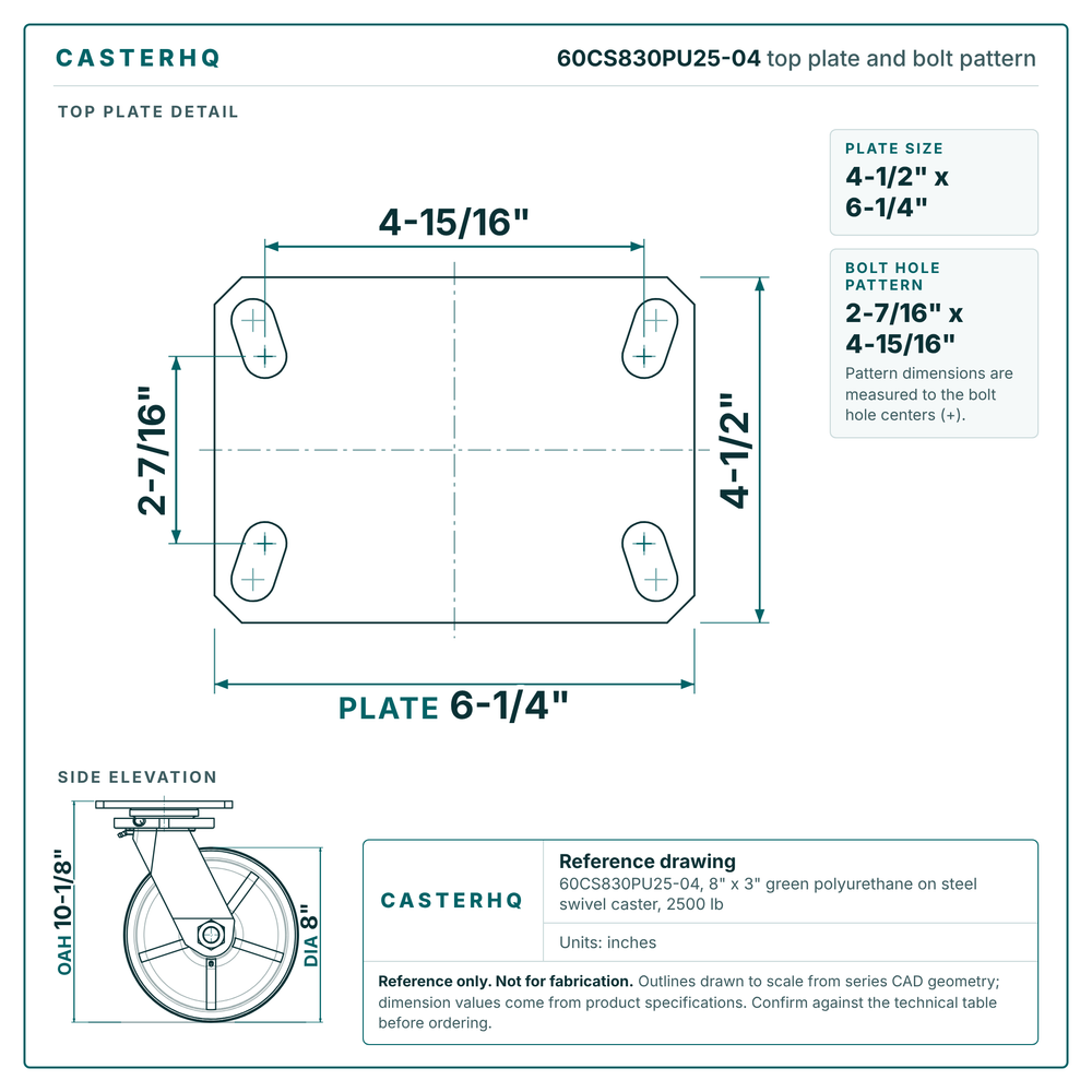60CS830PU25-04 top plate bolt pattern drawing, 4-1/2 x 6-1/4 in plate, round bolt holes