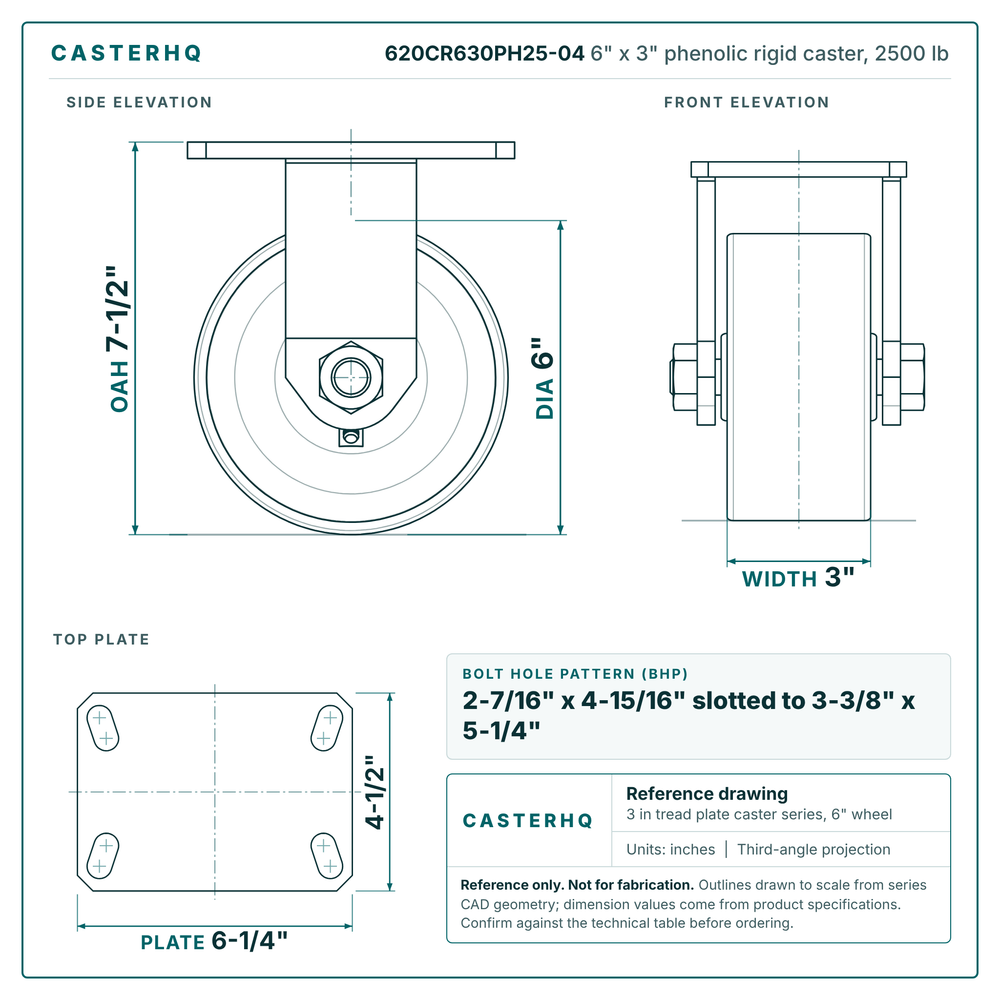 620CR630PH25-04 6 x 3 in phenolic rigid caster reference drawing, side, front and top plate views with dimensions