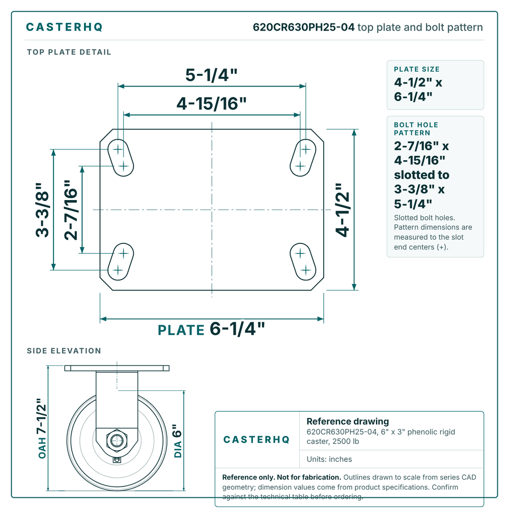 620CR630PH25-04 top plate bolt pattern drawing, 4-1/2 x 6-1/4 in plate, slotted bolt holes