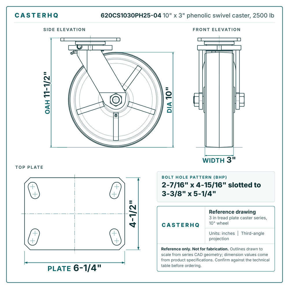 620CS1030PH25-04 10 x 3 in phenolic swivel caster reference drawing, side, front and top plate views with dimensions