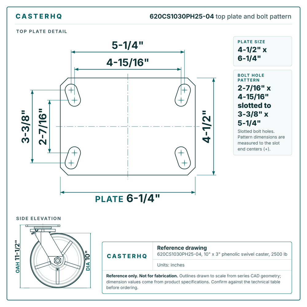 620CS1030PH25-04 top plate bolt pattern drawing, 4-1/2 x 6-1/4 in plate, slotted bolt holes