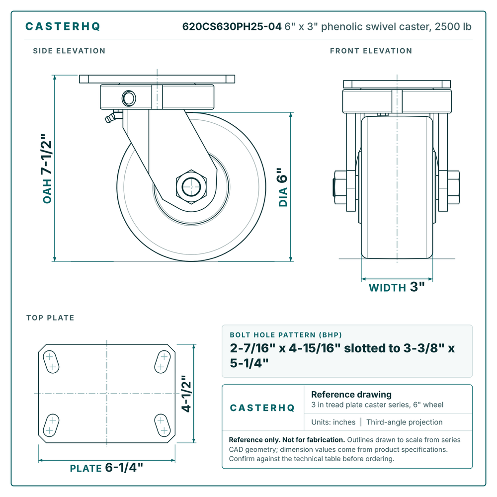 620CS630PH25-04 6 x 3 in phenolic swivel caster reference drawing, side, front and top plate views with dimensions