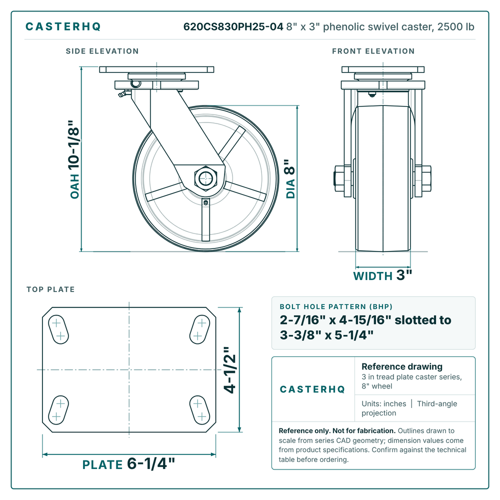 620CS830PH25-04 8 x 3 in phenolic swivel caster reference drawing, side, front and top plate views with dimensions