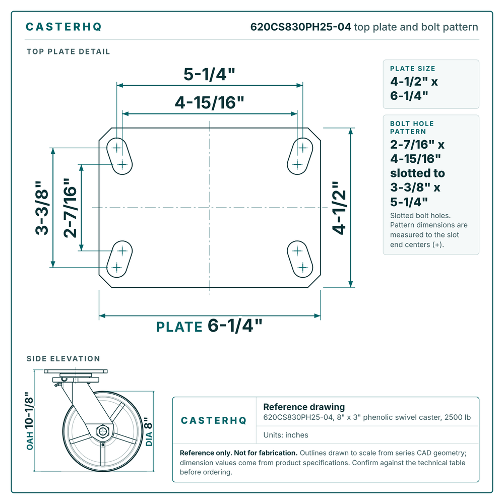 620CS830PH25-04 top plate bolt pattern drawing, 4-1/2 x 6-1/4 in plate, slotted bolt holes