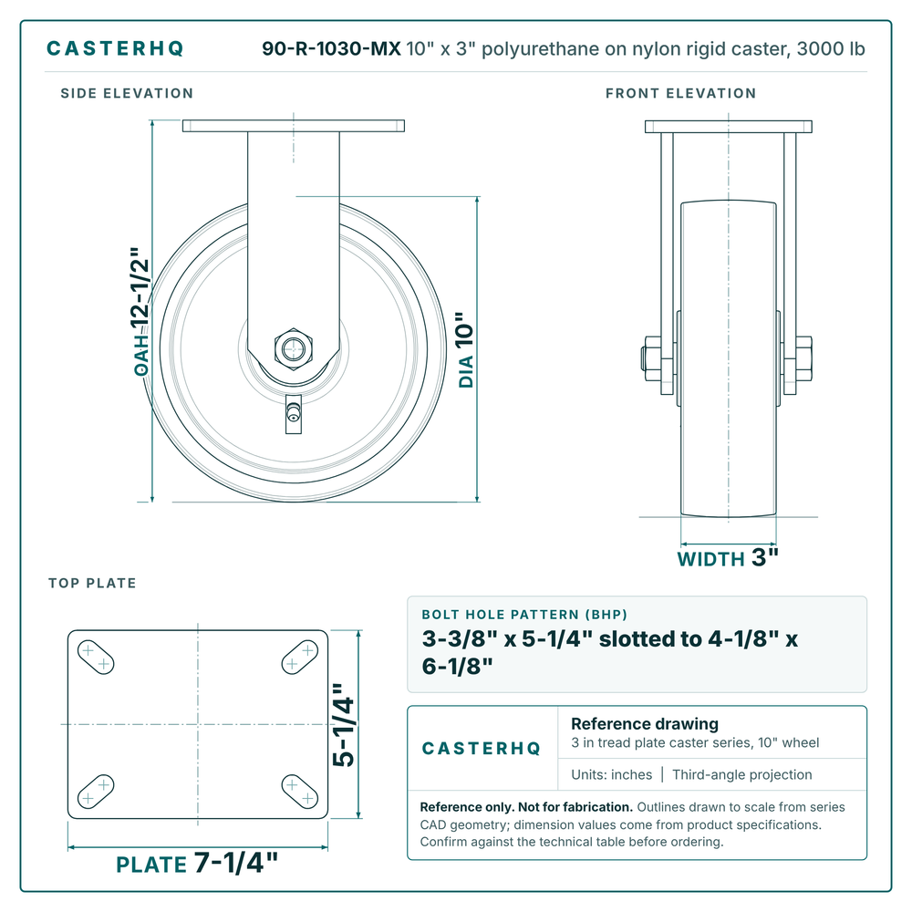 10" x 3" polyurethane on nylon rigid caster reference drawing, side, front and top plate views with dimensions