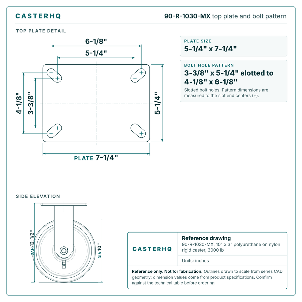 Top plate bolt pattern drawing, 5-1/4 x 7-1/4 in plate, 3-3/8 x 5-1/4 in slotted to 4-1/8 x 6-1/8 in, slotted bolt holes