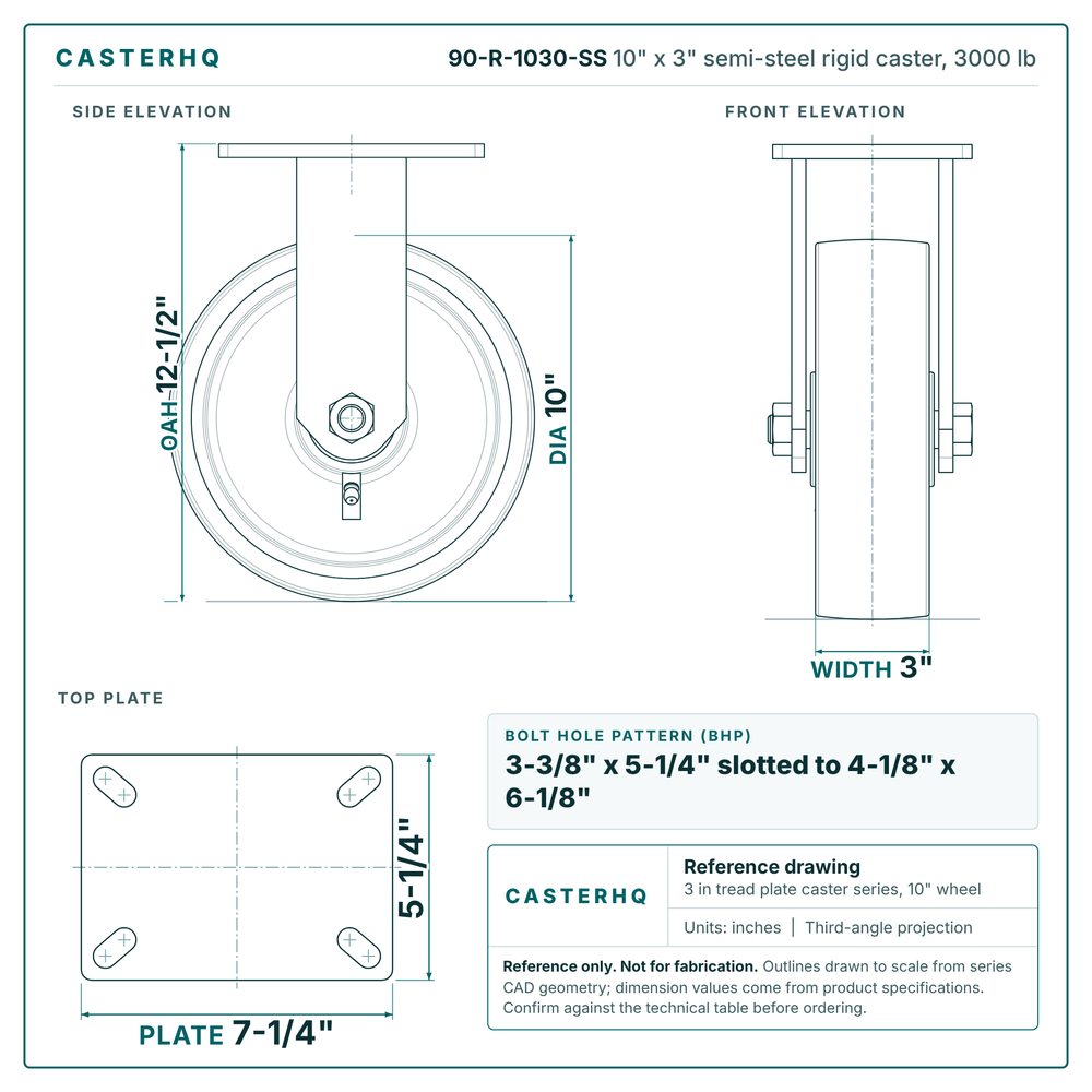 10" x 3" semi-steel rigid caster reference drawing, side, front and top plate views with dimensions