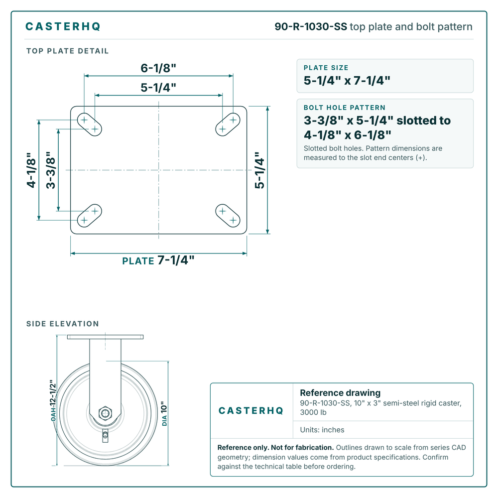 Top plate bolt pattern drawing, 5-1/4 x 7-1/4 in plate, 3-3/8 x 5-1/4 in slotted to 4-1/8 x 6-1/8 in, slotted bolt holes