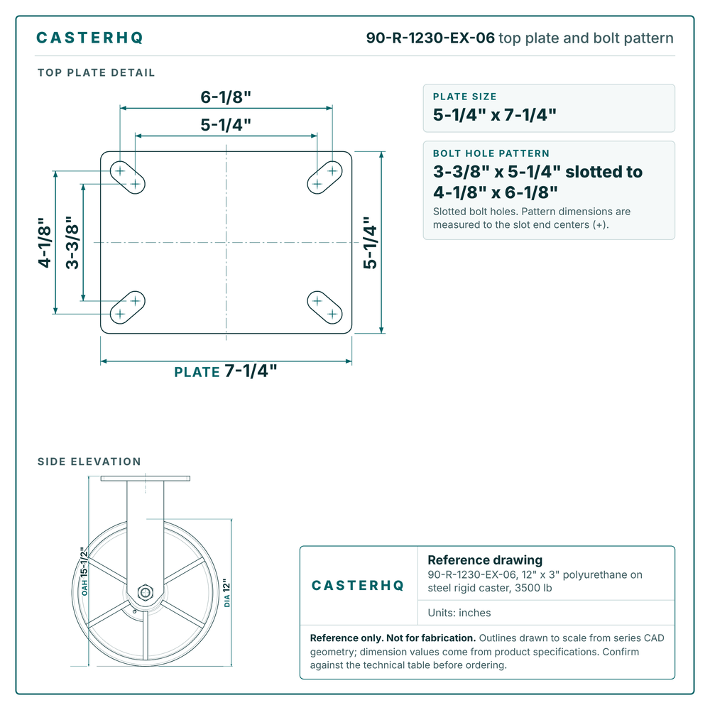 Top plate bolt pattern drawing, 5-1/4 x 7-1/4 in plate, 3-3/8 x 5-1/4 in slotted to 4-1/8 x 6-1/8 in, slotted bolt holes