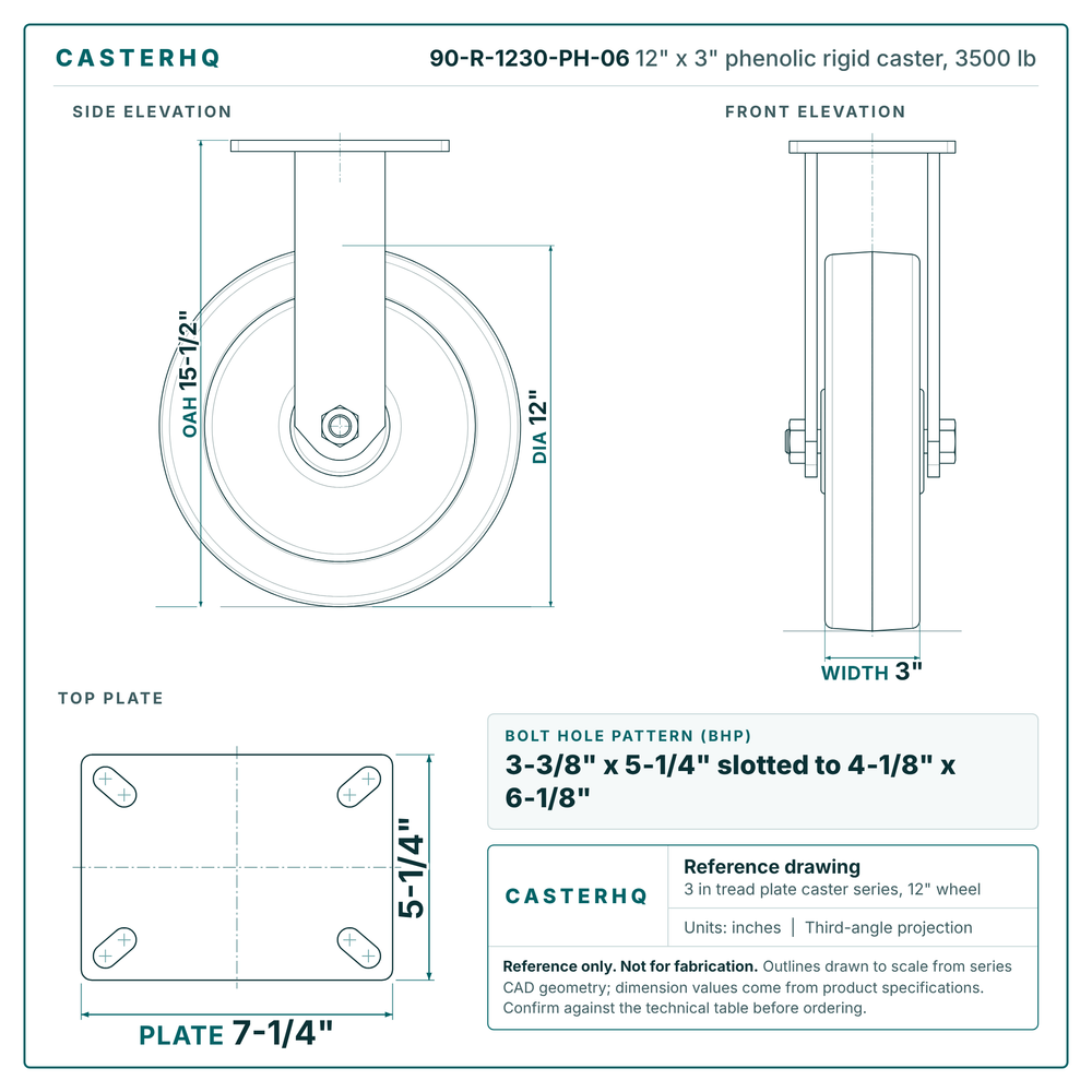 12" x 3" phenolic rigid caster reference drawing, side, front and top plate views with dimensions