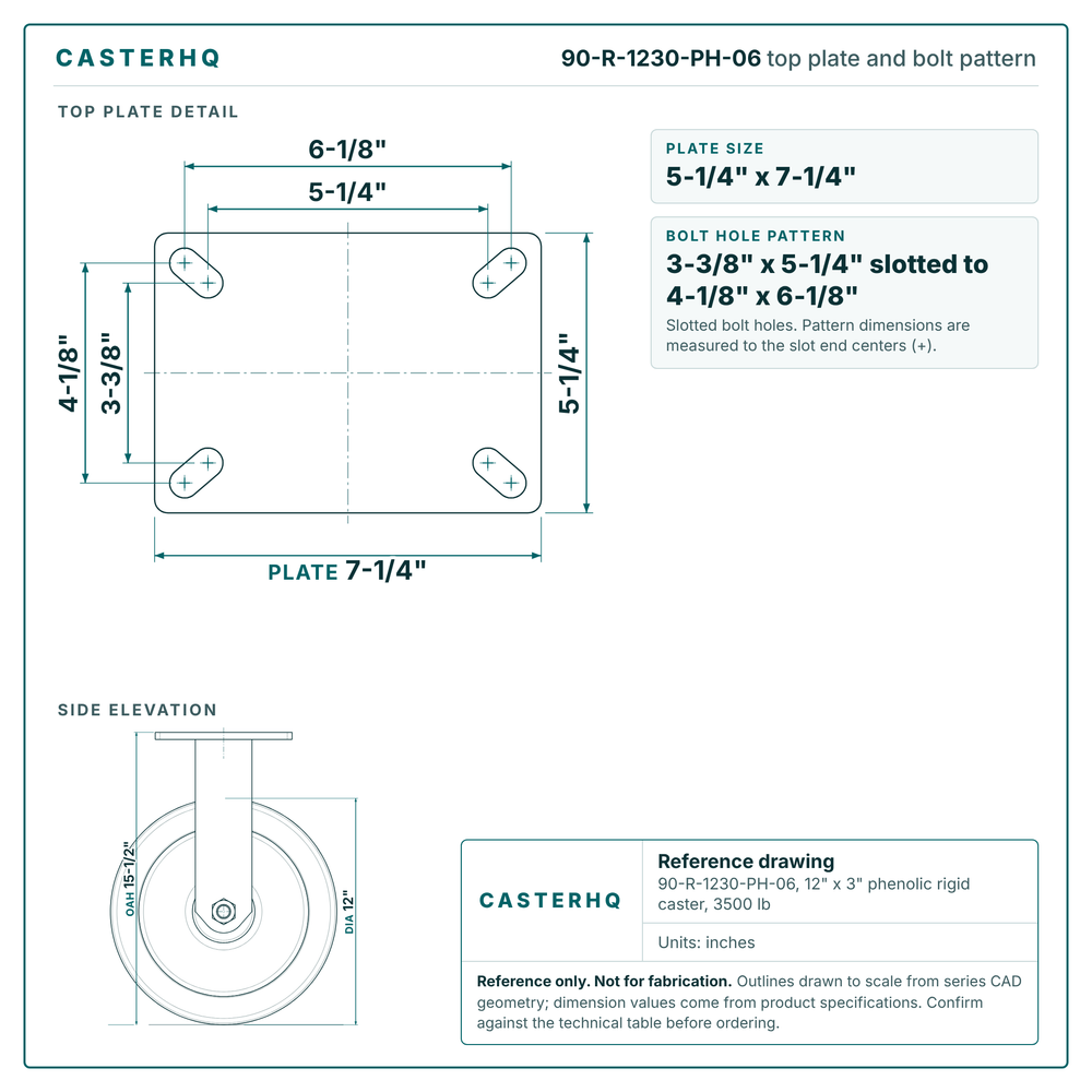 Top plate bolt pattern drawing, 5-1/4 x 7-1/4 in plate, 3-3/8 x 5-1/4 in slotted to 4-1/8 x 6-1/8 in, slotted bolt holes