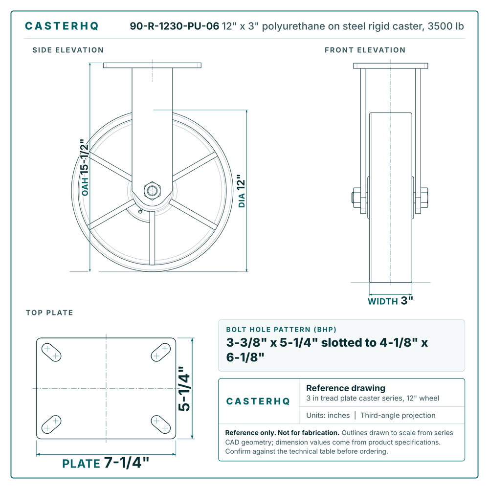 12" x 3" polyurethane on steel rigid caster reference drawing, side, front and top plate views with dimensions
