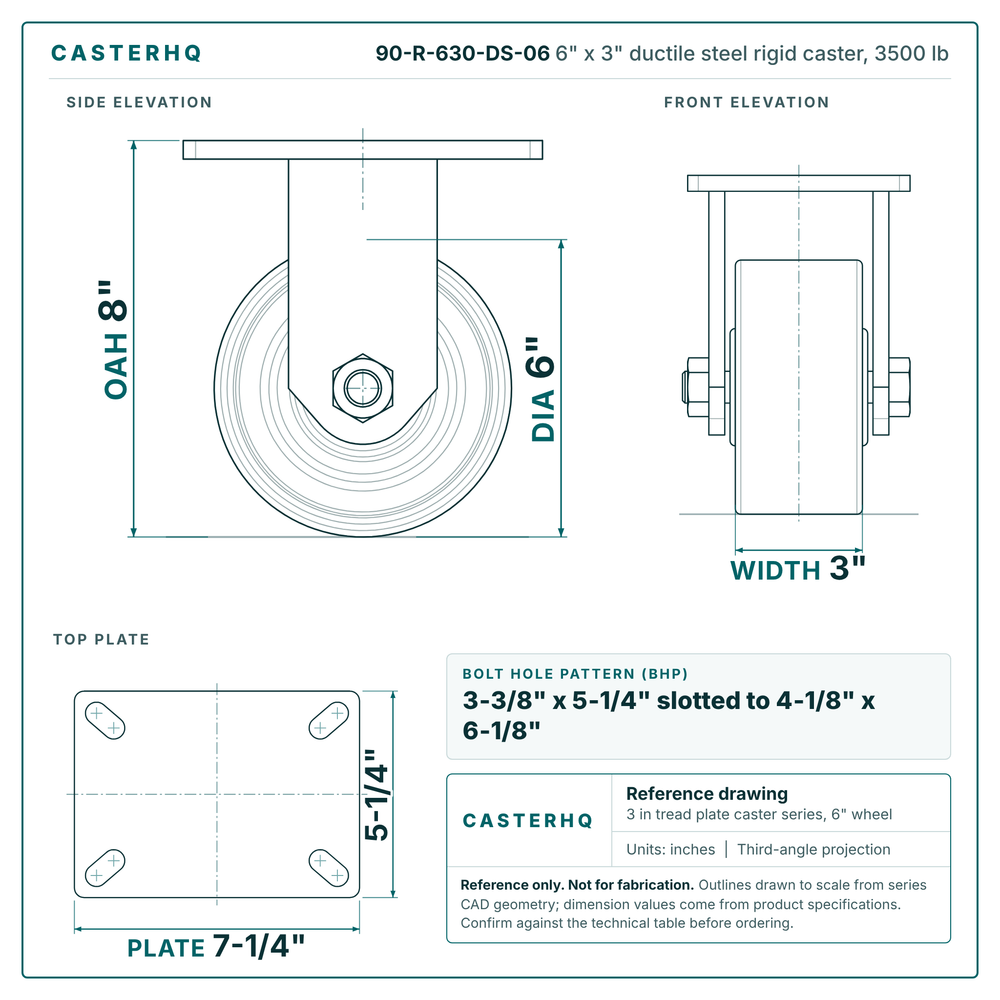 6" x 3" ductile steel rigid caster reference drawing, side, front and top plate views with dimensions