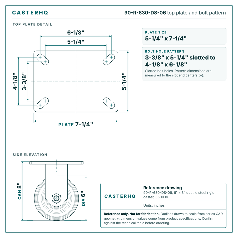 Top plate bolt pattern drawing, 5-1/4 x 7-1/4 in plate, 3-3/8 x 5-1/4 in slotted to 4-1/8 x 6-1/8 in, slotted bolt holes