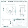 6" x 3" polyurethane on steel rigid caster reference drawing, side, front and top plate views with dimensions