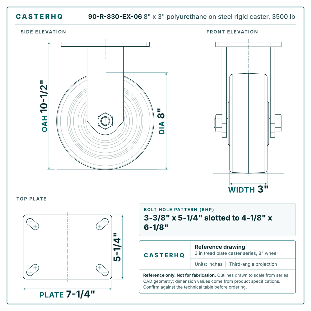 8" x 3" polyurethane on steel rigid caster reference drawing, side, front and top plate views with dimensions