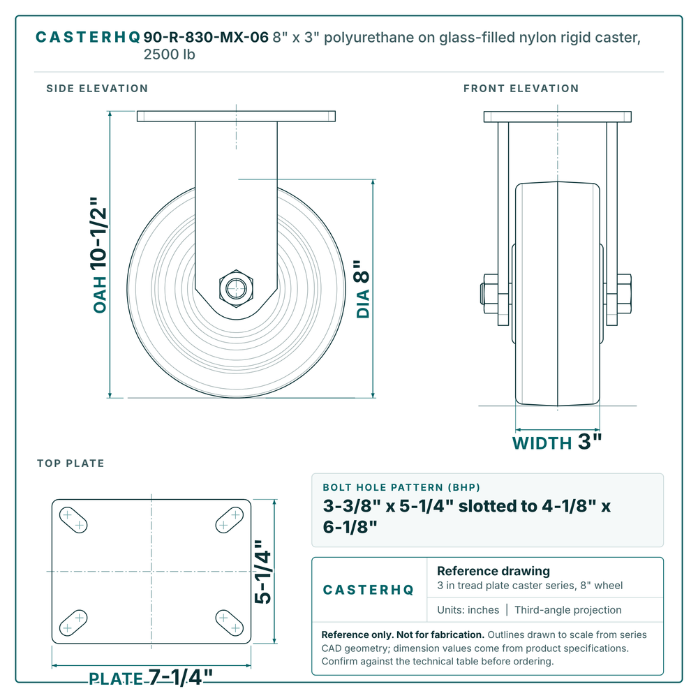 8" x 3" polyurethane on glass-filled nylon rigid caster reference drawing, side, front and top plate views with dimensions