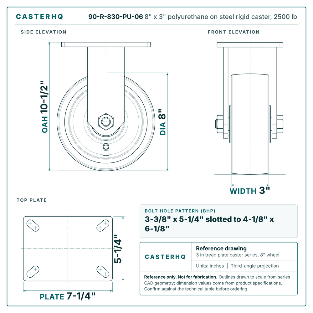 8" x 3" polyurethane on steel rigid caster reference drawing, side, front and top plate views with dimensions