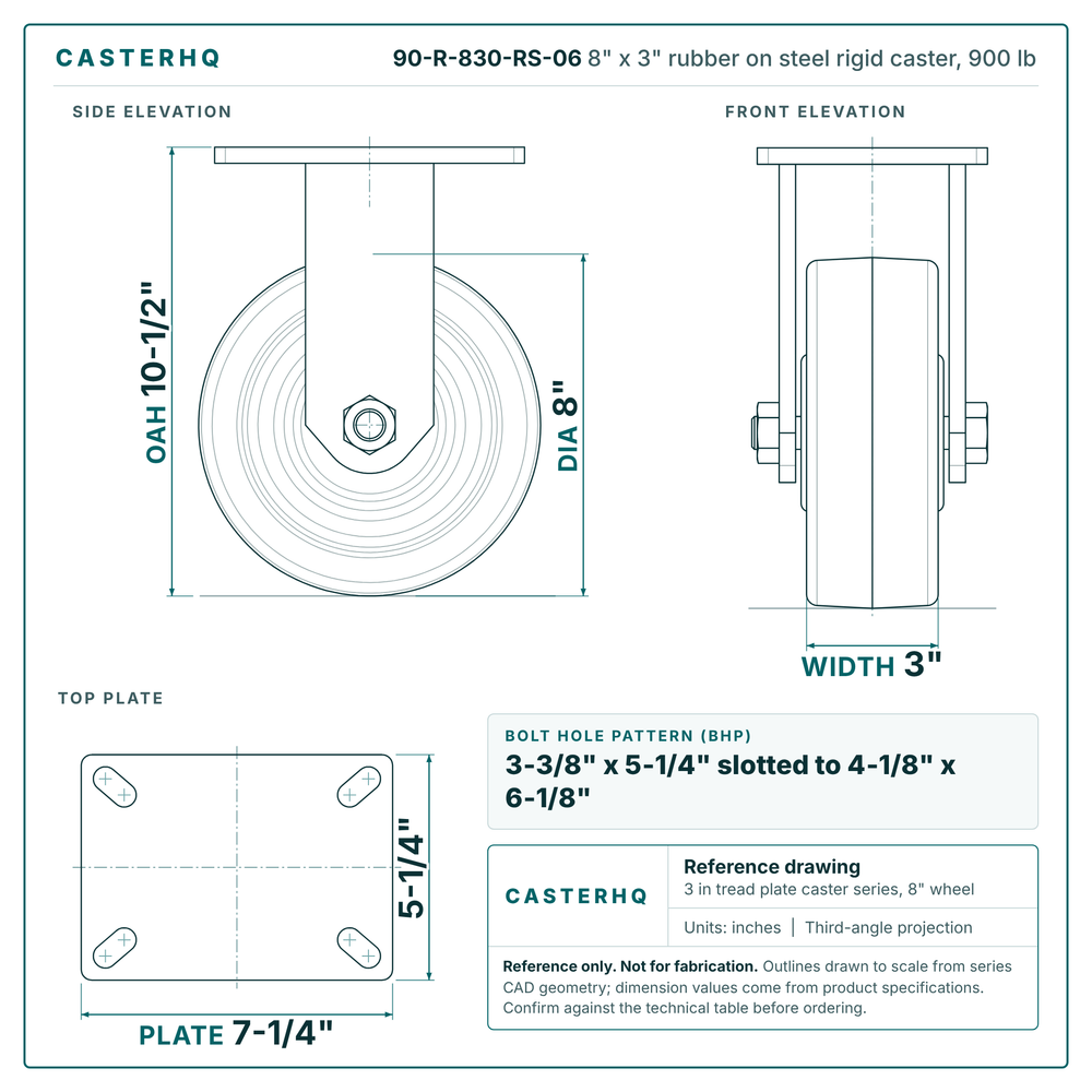 8" x 3" rubber on steel rigid caster reference drawing, side, front and top plate views with dimensions
