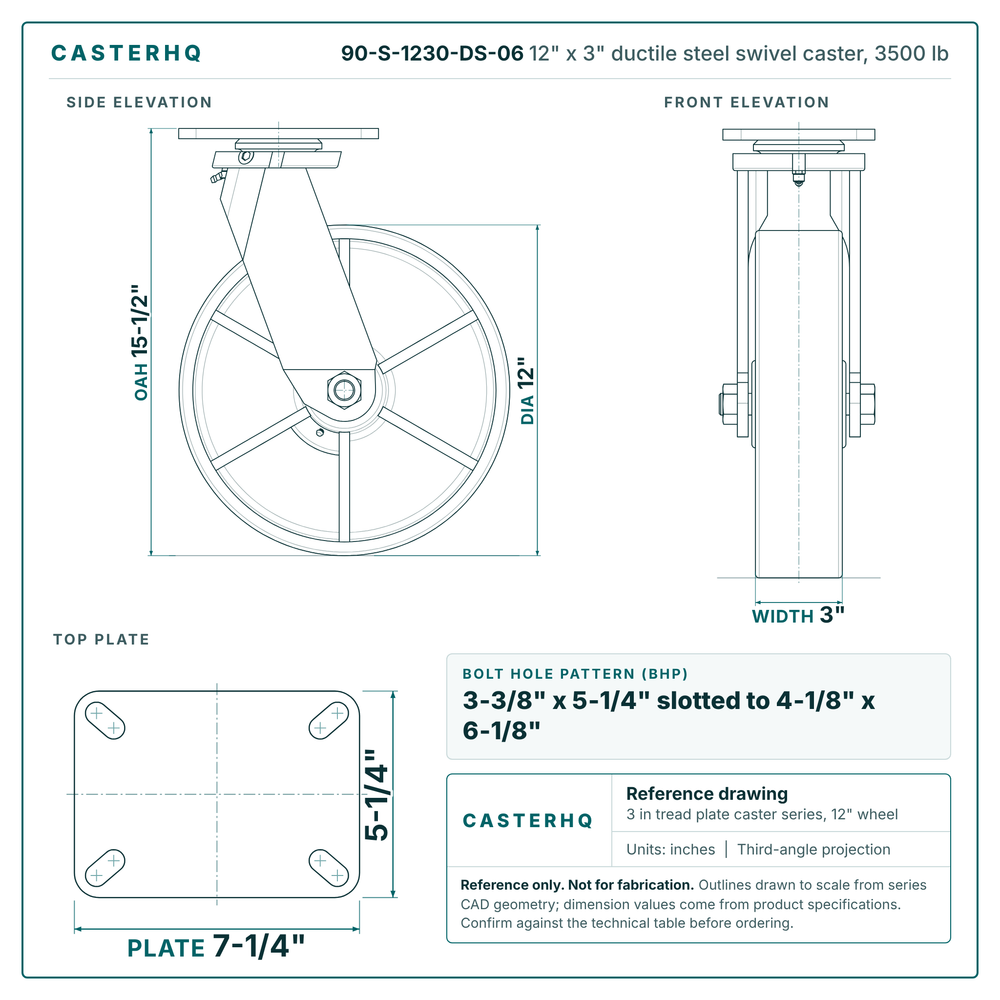 12" x 3" ductile steel swivel caster reference drawing, side, front and top plate views with dimensions