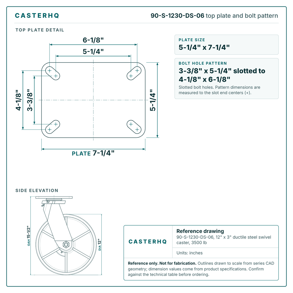 Top plate bolt pattern drawing, 5-1/4 x 7-1/4 in plate, 3-3/8 x 5-1/4 in slotted to 4-1/8 x 6-1/8 in, slotted bolt holes