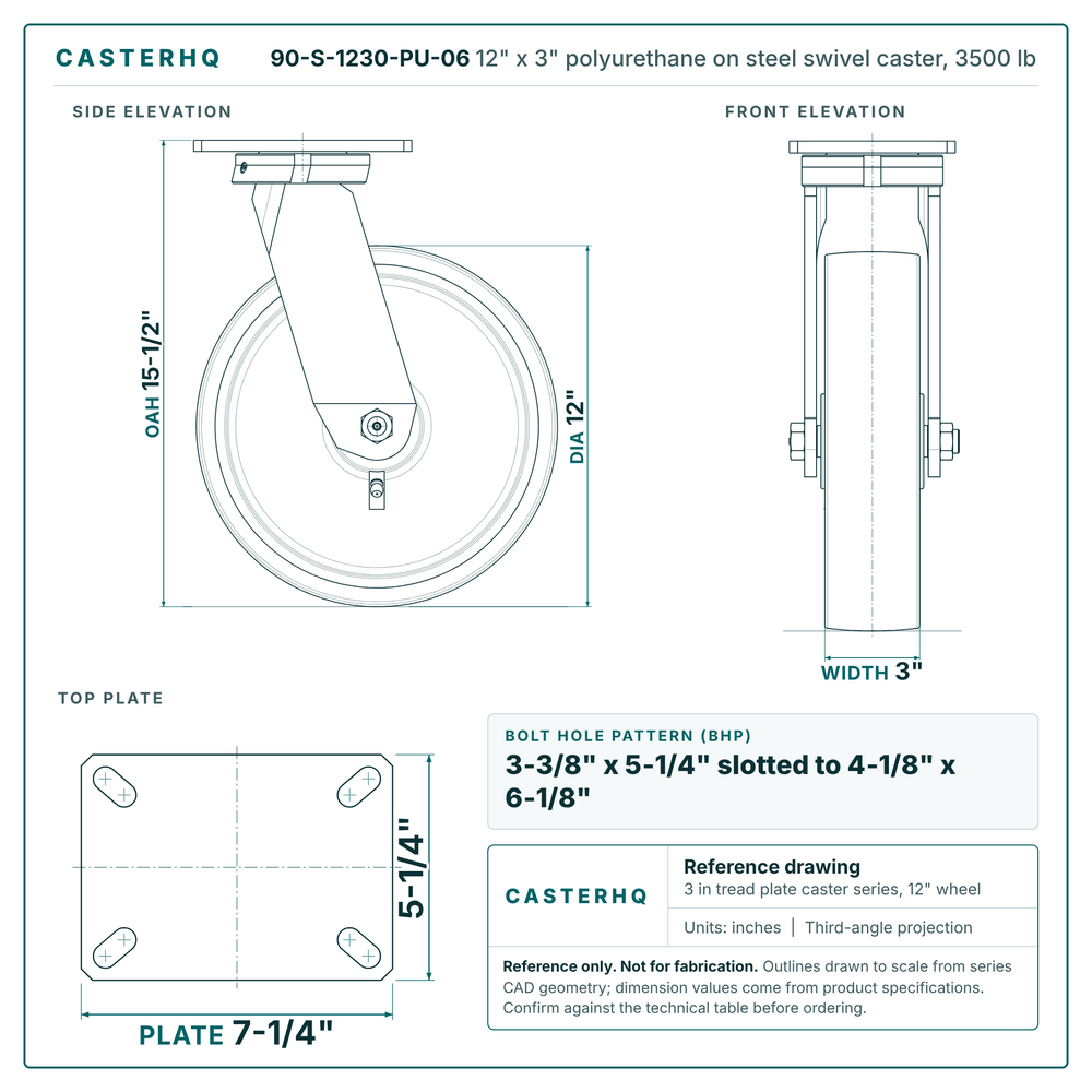 12" x 3" polyurethane on steel swivel caster reference drawing, side, front and top plate views with dimensions