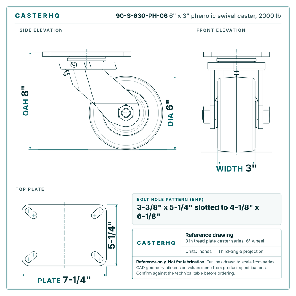 6" x 3" phenolic swivel caster reference drawing, side, front and top plate views with dimensions
