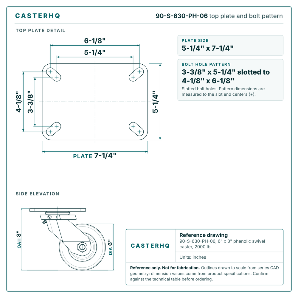 Top plate bolt pattern drawing, 5-1/4 x 7-1/4 in plate, 3-3/8 x 5-1/4 in slotted to 4-1/8 x 6-1/8 in, slotted bolt holes