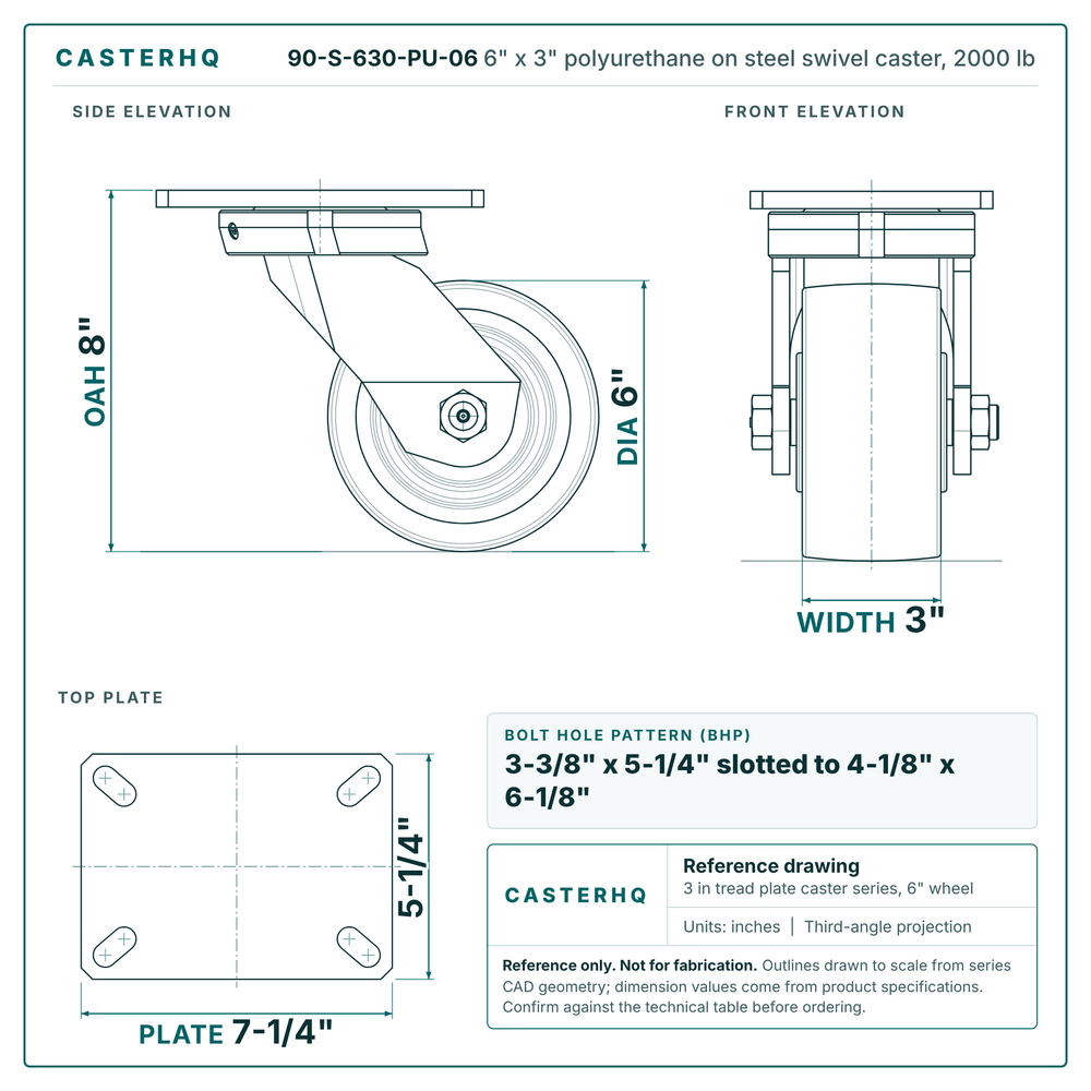 6" x 3" polyurethane on steel swivel caster reference drawing, side, front and top plate views with dimensions