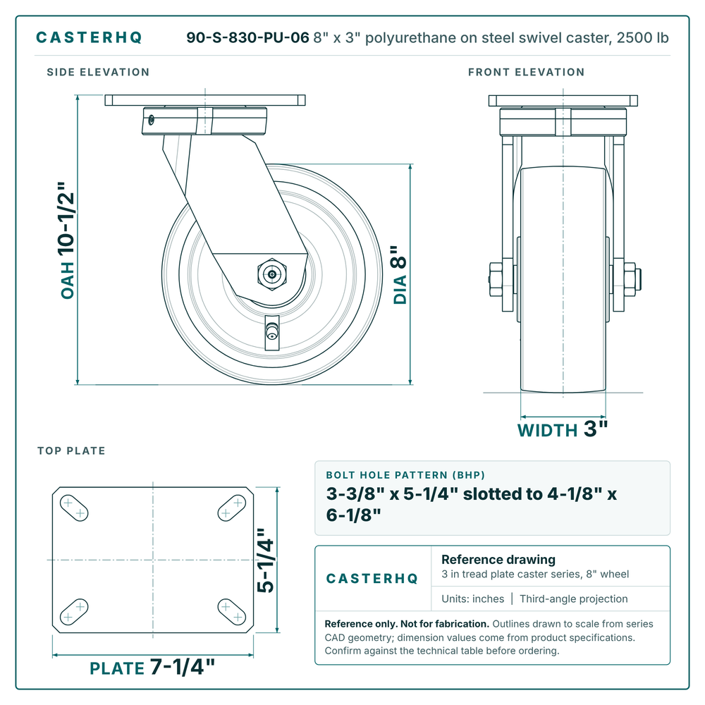 8" x 3" polyurethane on steel swivel caster reference drawing, side, front and top plate views with dimensions