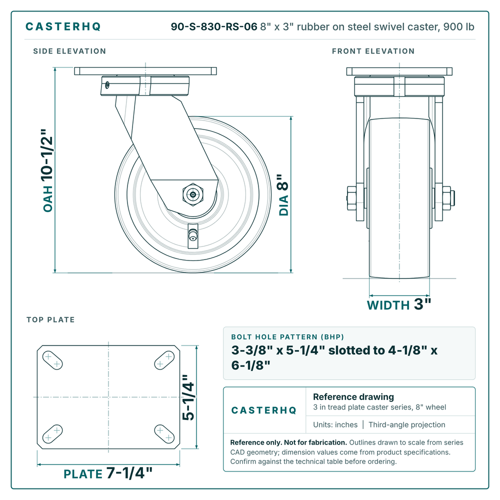 8" x 3" rubber on steel swivel caster reference drawing, side, front and top plate views with dimensions