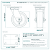 8" x 3" rubber on steel swivel caster reference drawing, side, front and top plate views with dimensions