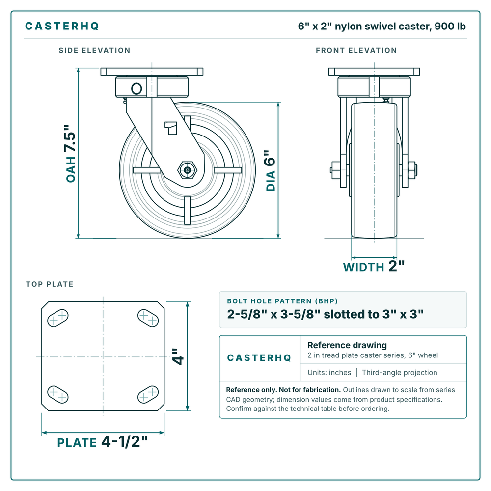 6 x 2 in nylon swivel caster reference drawing, side, front and top plate views with dimensions