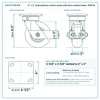 5 x 2 in polyurethane swivel caster with face contact brake reference drawing, side, front and top plate views with dimensions