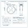 8 x 2 in solid elastomer swivel caster with total lock brake reference drawing, side, front and top plate views with dimensions